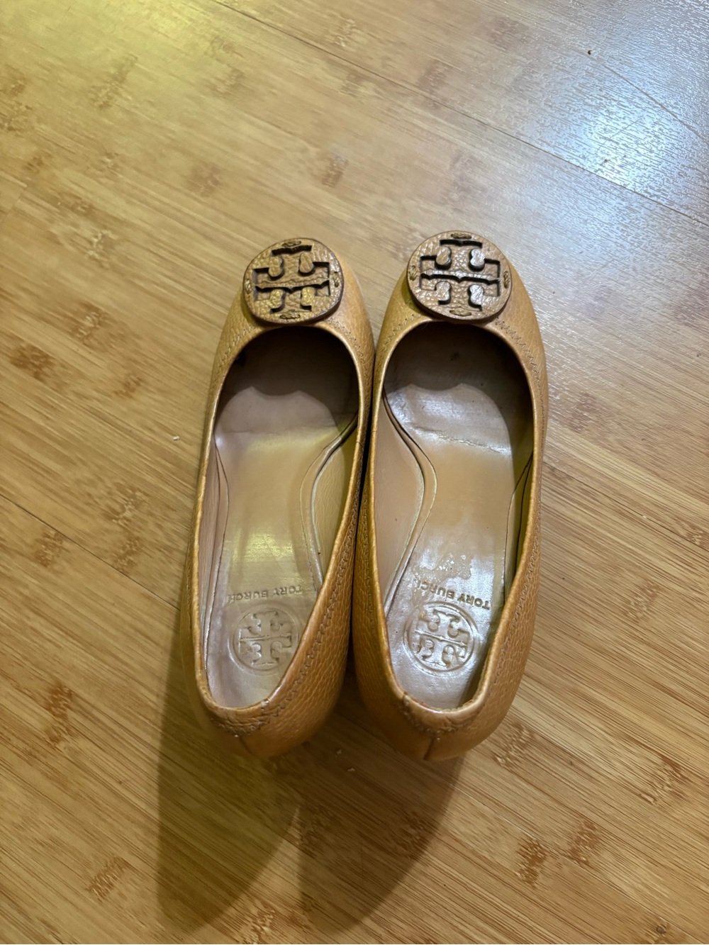Tory Burch Tan Leather Logo Wedges